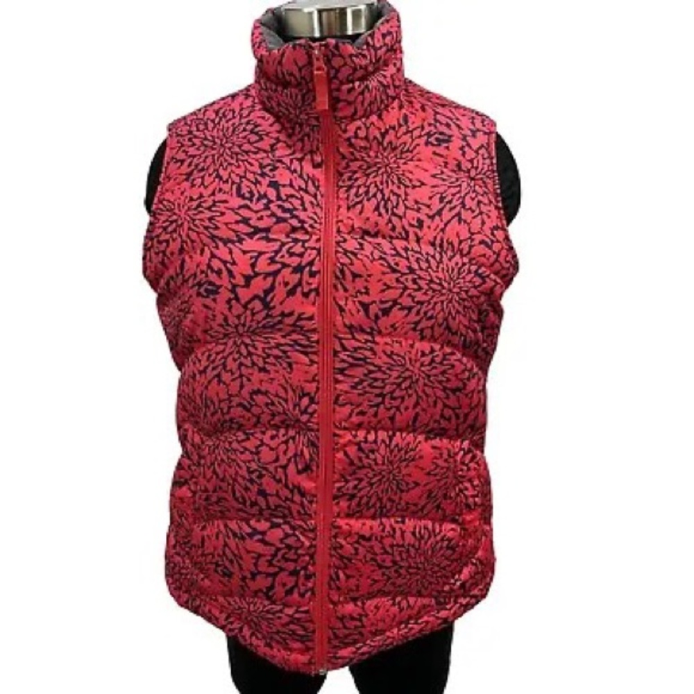 Lands End Women’s Pink Purple Floral Vest Full Zip Pockets Down Feathers Sz. M